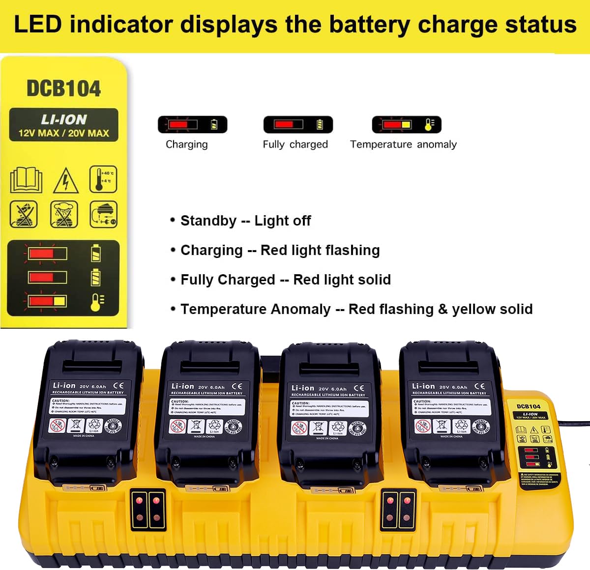 Replacement for 12v 20v Max Battery Charger Station DCB104, Compatible with DCB124 DCB126 DCB200 DCB203 DCB204 DCB206 DCB230