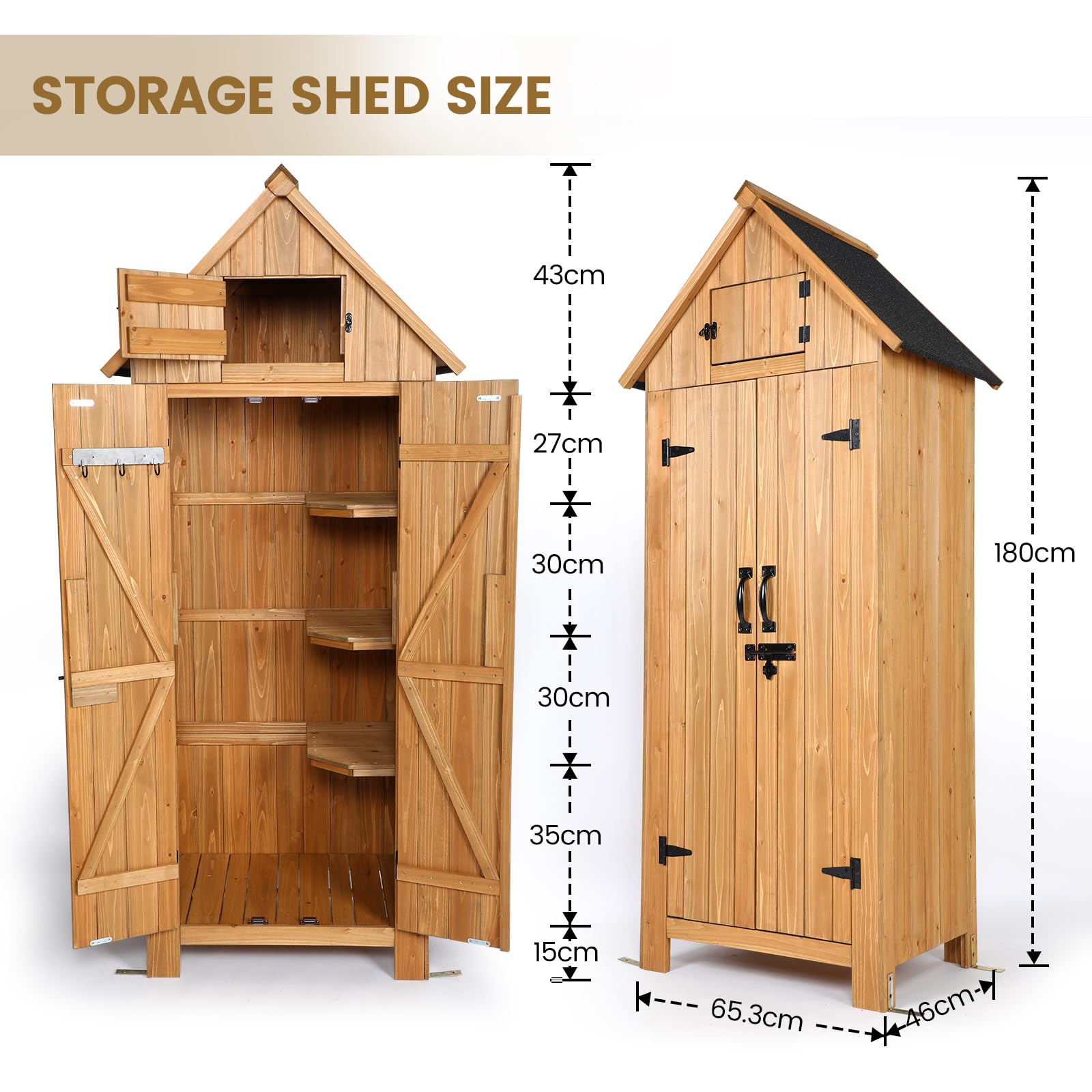 Wooden Outdoor Storage Shed with Double Doors,70” Tall Waterproof Storage Shed with Lock,Sheds & Outdoor Storage with Windproof Tipping for Deck,Backyard Garden and Yard