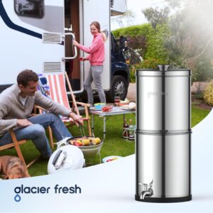 GLACIER FRESH Gravity-fed Water Filter System, Stainless Steel 2.25G Gravity Water Filter with 2 Black Carbon Filters and Metal Spigot, for Home, Camping, and RVing