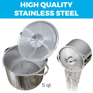 Stainless Steel Pasta Pot with Locking Strainer Lid - 5.5 Quart Large Capacity Cooking Pot | Twist & Lock for Easy Drain & No Colander Or Strainer Basket Insert Needed | Dishwasher Safe