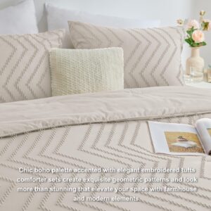 CozyLux Twin/Twin XL Size Comforter Set Beige - 1 Pieces Boho Tufted Shabby Chic Bedding Comforter Set for All Seasons, Chevron Bedding Sets with Comforter & 1 Pillow Shams