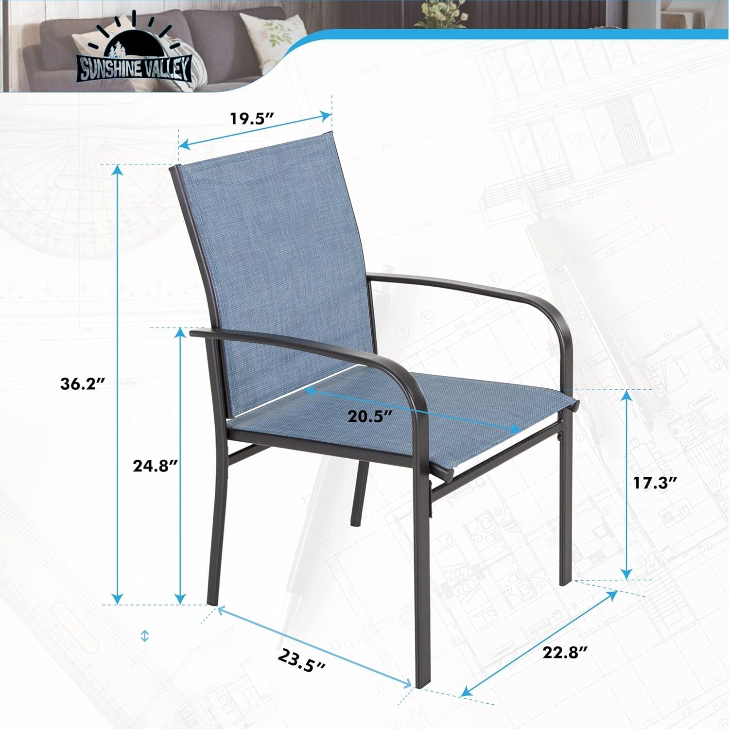 SUNSHINE VALLEY 4 Piece Patio Chairs, Outdoor Dining Chairs for 4,Garden Backyard Lawn Yard Furniture, Blue Stable Patio Dining Chairs Steel Frame with Textilene Fabric Chair.