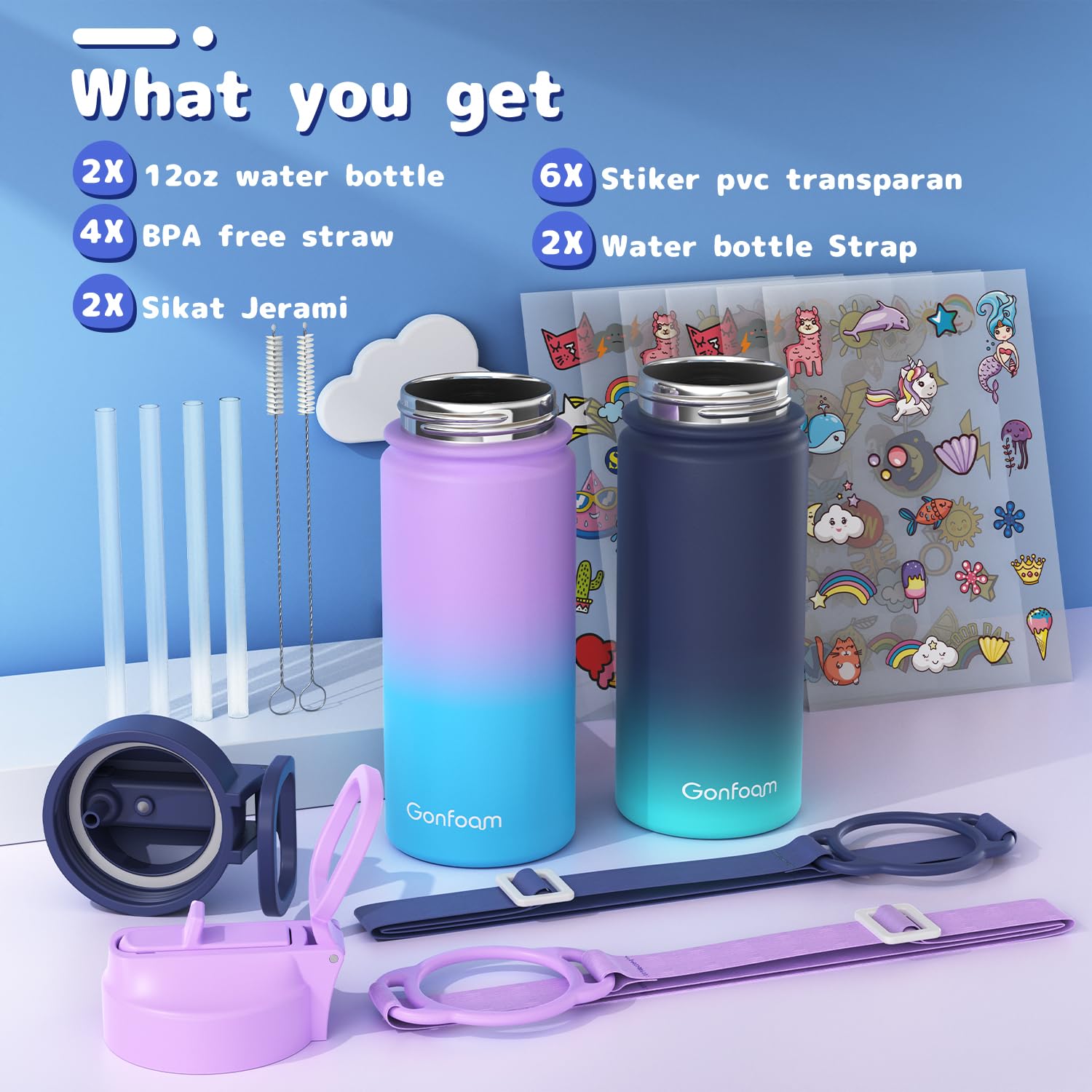 Kids Water Bottle, 2-Pack 16oz Water Bottles Kids with Straw and Stickers, Stainless Steel Vacuum Double Wall Insulated cup, Kids Water Bottle for School, Gifts for Boys and Girls(Blue/Purple)