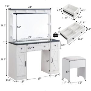 JXQTLINGMU Farmhouse Vanity Desk with Hollywood Makeup Mirror - Ample Storage Space with 3 Drawers & 2 Cabinets - Detachable Light Bulbs, Stool Included, Bedroom, White