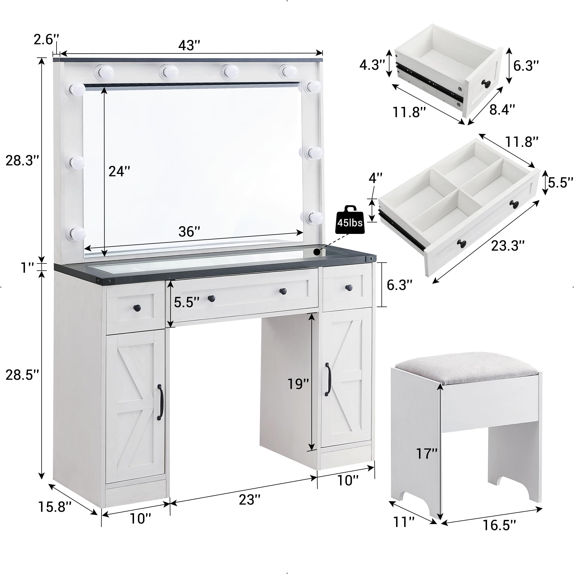 JXQTLINGMU Farmhouse Vanity Desk with Hollywood Makeup Mirror - Ample Storage Space with 3 Drawers & 2 Cabinets - Detachable Light Bulbs, Stool Included, Bedroom, White