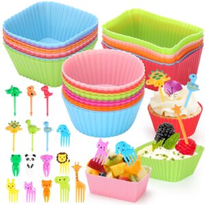 seansda 70 pcs silicone lunch box dividers set, thicked silicone cupcake liners for baking, reusable lunch bento box accessories with animal food picks for kids (20 cupcake cup + 50 picks)