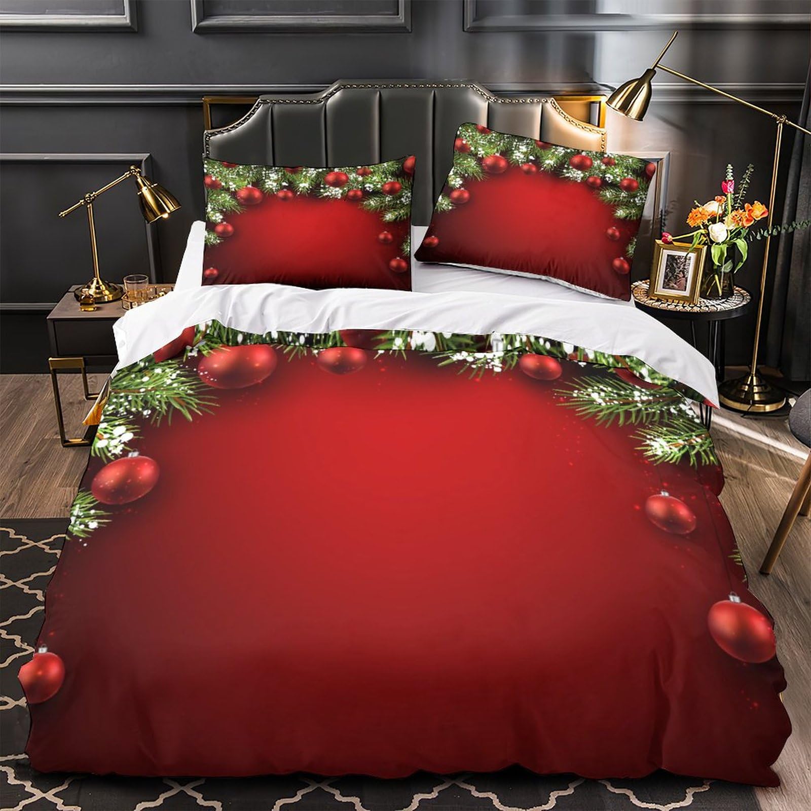 Christmas Bed Duvet Set 3 Pieces, Decorated with Snowflakes and Flowers Red Christmas Screen and Vivid Heart Pattern, Red Christmas Decoration Theme 3 Pieces Set Queen（228x228cm）