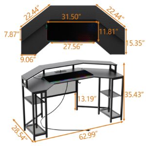 Lomie Computer Desk with Power Outlet & Led Light, 63" Large Wing-Shaped Gaming Desk with Full Monitor Stand, Wireless Charging, RGB Mouse Pad,Headphone Hook,Studio Desk with Storage Shelf for Live