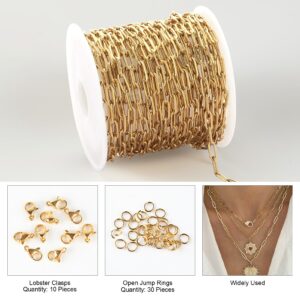 Kyutong 5M Gold Plated Necklace Chain for Jewelry Making 304 Stainless Steel Paperclip Chain Roll with Lobster Clasps and Jump Rings for Men Women Making Jewelry Craft Support Jewelry Findings