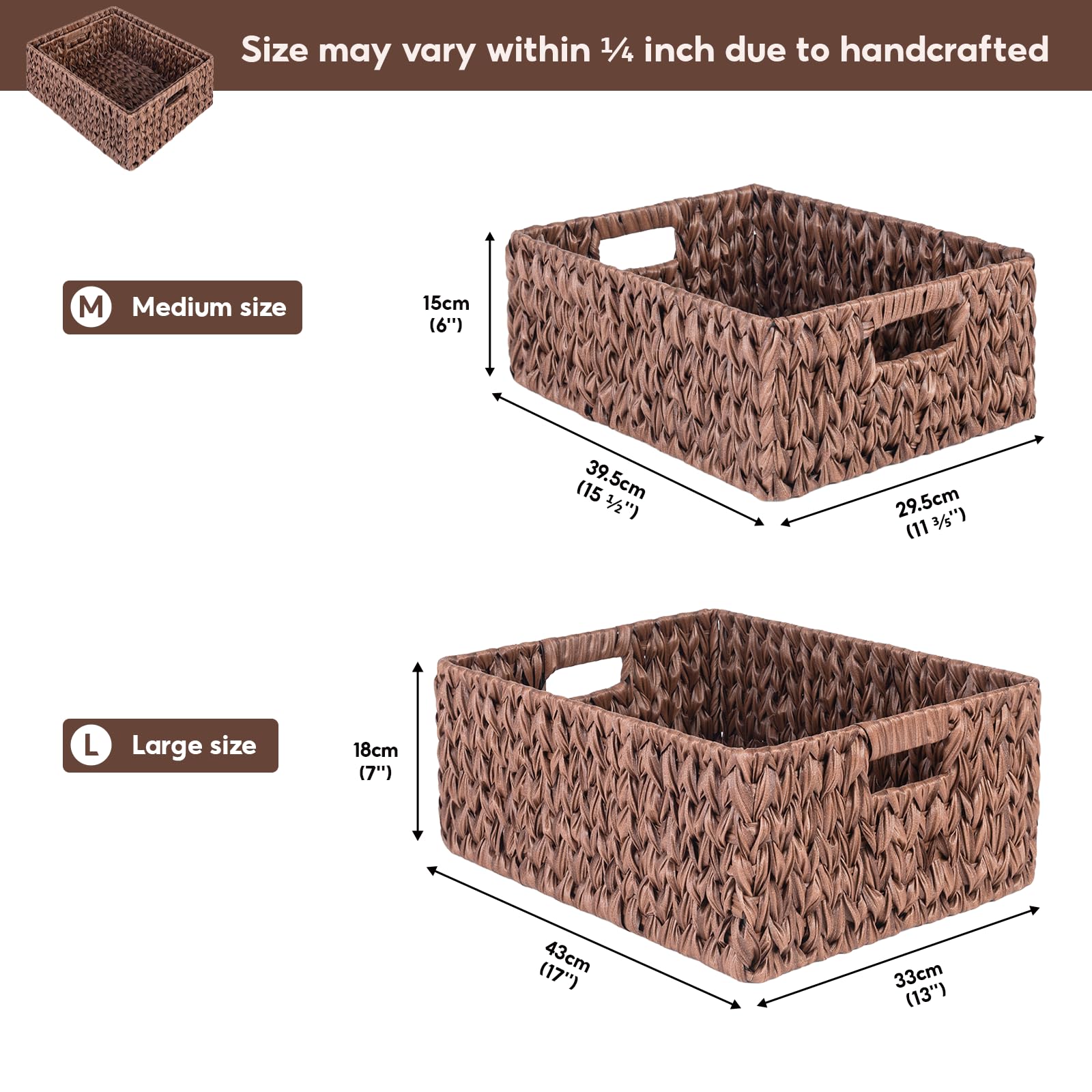 ATEDIR Large Wicker Basket, Waterproof Wicker Storage Basket, Odorless Plastic Woven Baskets for Organizing, Rectangle Rattan Basket with Handle, Brown (17x13x7inch & 15.6x11.6x6inch)