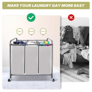 STORAGEIDEAS Laundry Sorter Hamper with Wheels, Heavy-Duty Laundry Sorter Rolling Cart, Lockable Wheels and Removable Bags, 3 Sections, Grey