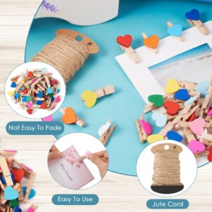 Pandahall 100Pcs Wooden Heart Clothespins Mini Photo Clips Photo Paper Pegs Clips Mixed Color Clothes Pins Holiday Card Holder Display with 10.9 Yards Jute Twine