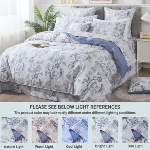 FADFAY 7 Piece 100% Cotton Light Blue Floral Bedding Set Queen Size Bed Sheet Set +Duvet Cover, Soft Toile Flower Complete Bedding(1 Duvet Cover, 1 Fitted Sheet, 1 Flat Sheet + 4 Pillowcase)