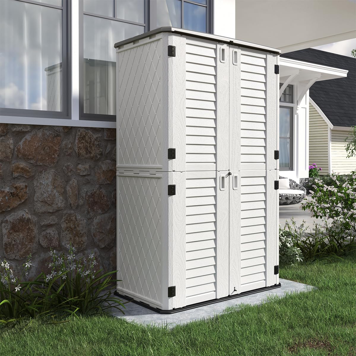 KINYING Outdoor Storage Cabinet Waterproof, Resin Vertical Outdoor Storage Shed for Patio Furniture, Garden Tools, Pool Accessories, Mower Storage (66 Cu.ft, Off White)