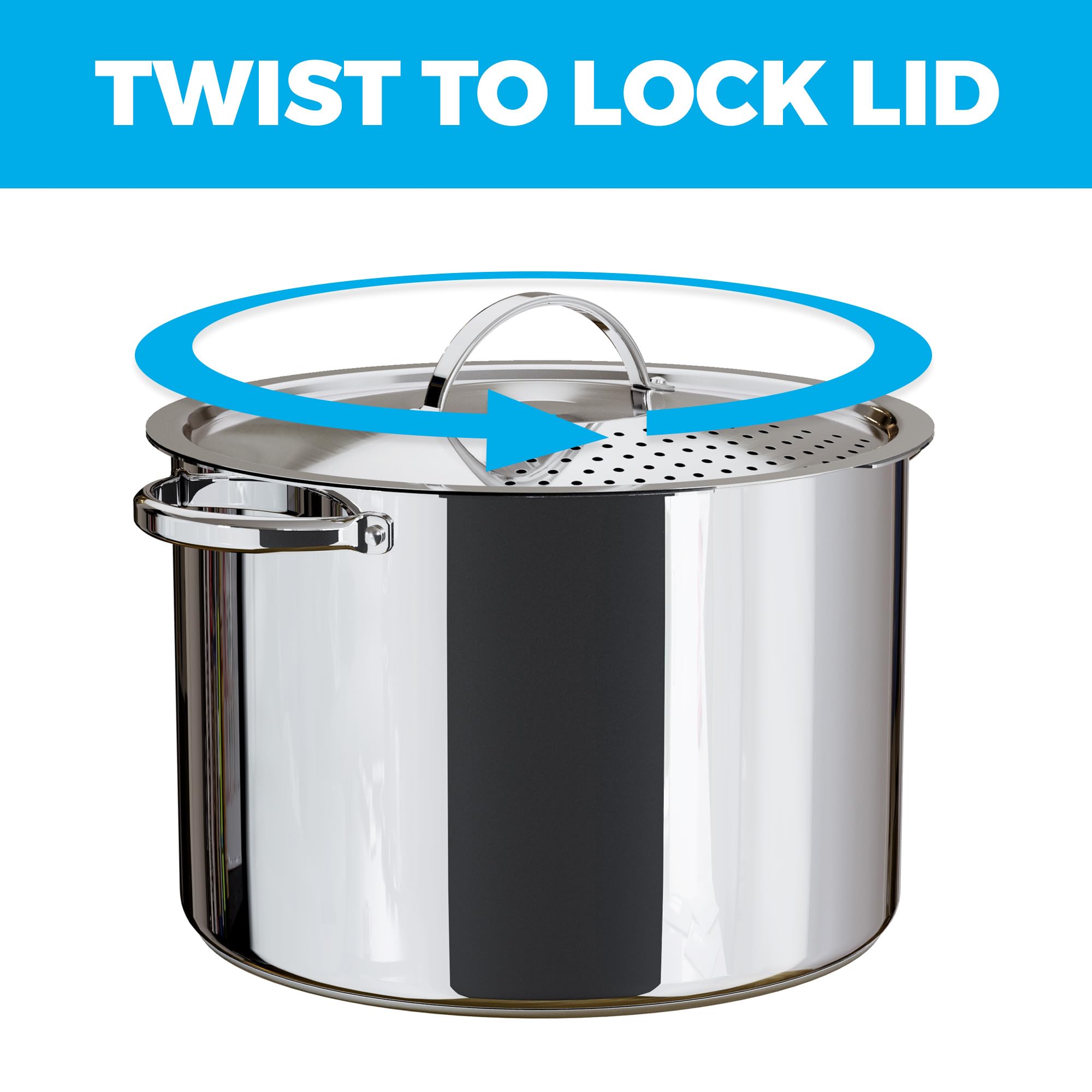 Stainless Steel Pasta Pot with Locking Strainer Lid - 5.5 Quart Large Capacity Cooking Pot | Twist & Lock for Easy Drain & No Colander Or Strainer Basket Insert Needed | Dishwasher Safe