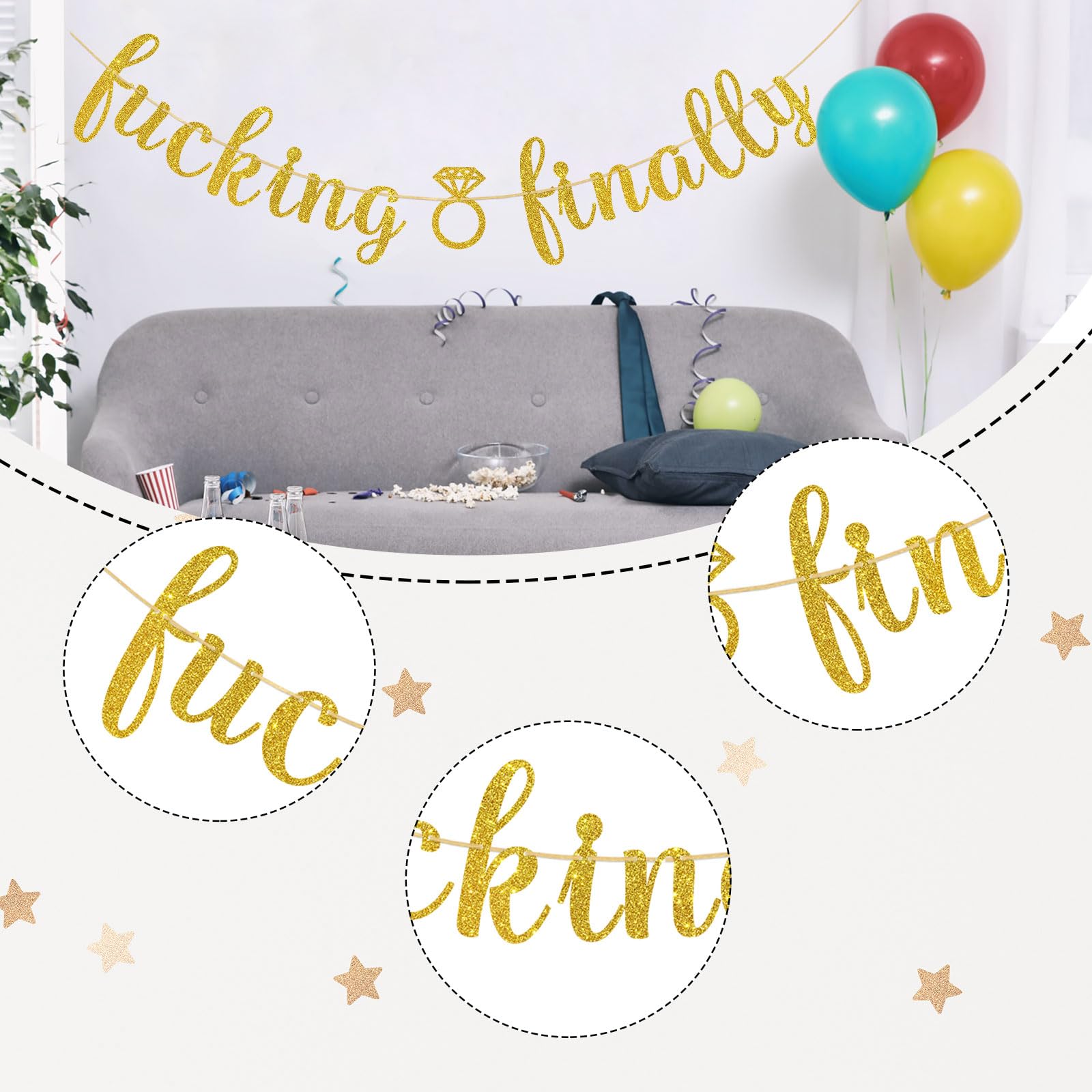 Ambishi Fucking Finally Banner/Wedding Engagement Party Decoration/Funny Bridal Shower Bachelorette Party Supplies/Gold Glitter