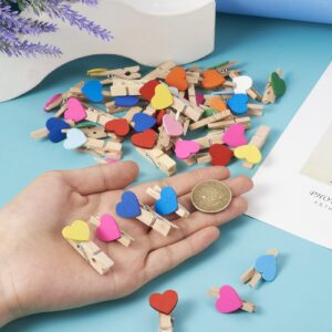 Pandahall 100Pcs Wooden Heart Clothespins Mini Photo Clips Photo Paper Pegs Clips Mixed Color Clothes Pins Holiday Card Holder Display with 10.9 Yards Jute Twine