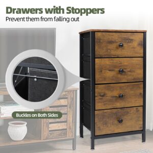 Front & Top Wood Storage Chest of Drawers for Small Space - 16"L ×12"W ×31.5"H Wood and Steel Storage Tower with Removable 4 Fabric Drawers, Combination Dresser for Bedroom,Entryway,Corner,Dark Brown