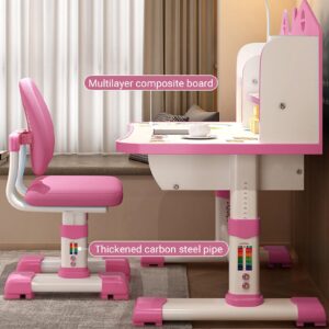 Worparsen Kids Study Table,Girls Pink Desk and Chair Set,Height-Adjustable Student Study Desk Widened Desktop Cartoon Pattern Desk Chair Set with Drawer Chair Set (Fast Delivery from USA) (Pink)