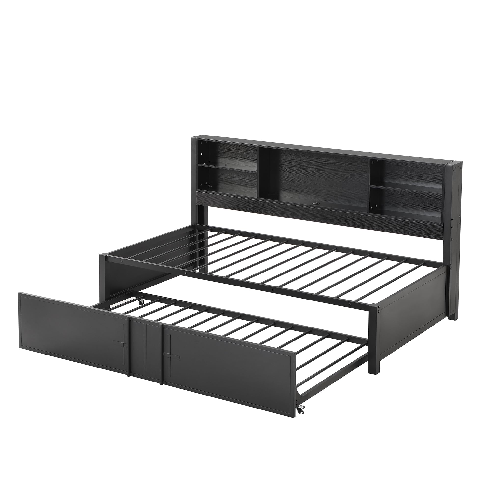 Harper & Bright Designs Twin Captains Bed with Trundle and Storage Headboard, Daybed Twin with USB Charging Port and Metal Frame, Industrial Style Twin Trundle Bed Frame, No Box Spring Needed, Black