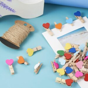 Pandahall 100Pcs Wooden Heart Clothespins Mini Photo Clips Photo Paper Pegs Clips Mixed Color Clothes Pins Holiday Card Holder Display with 10.9 Yards Jute Twine