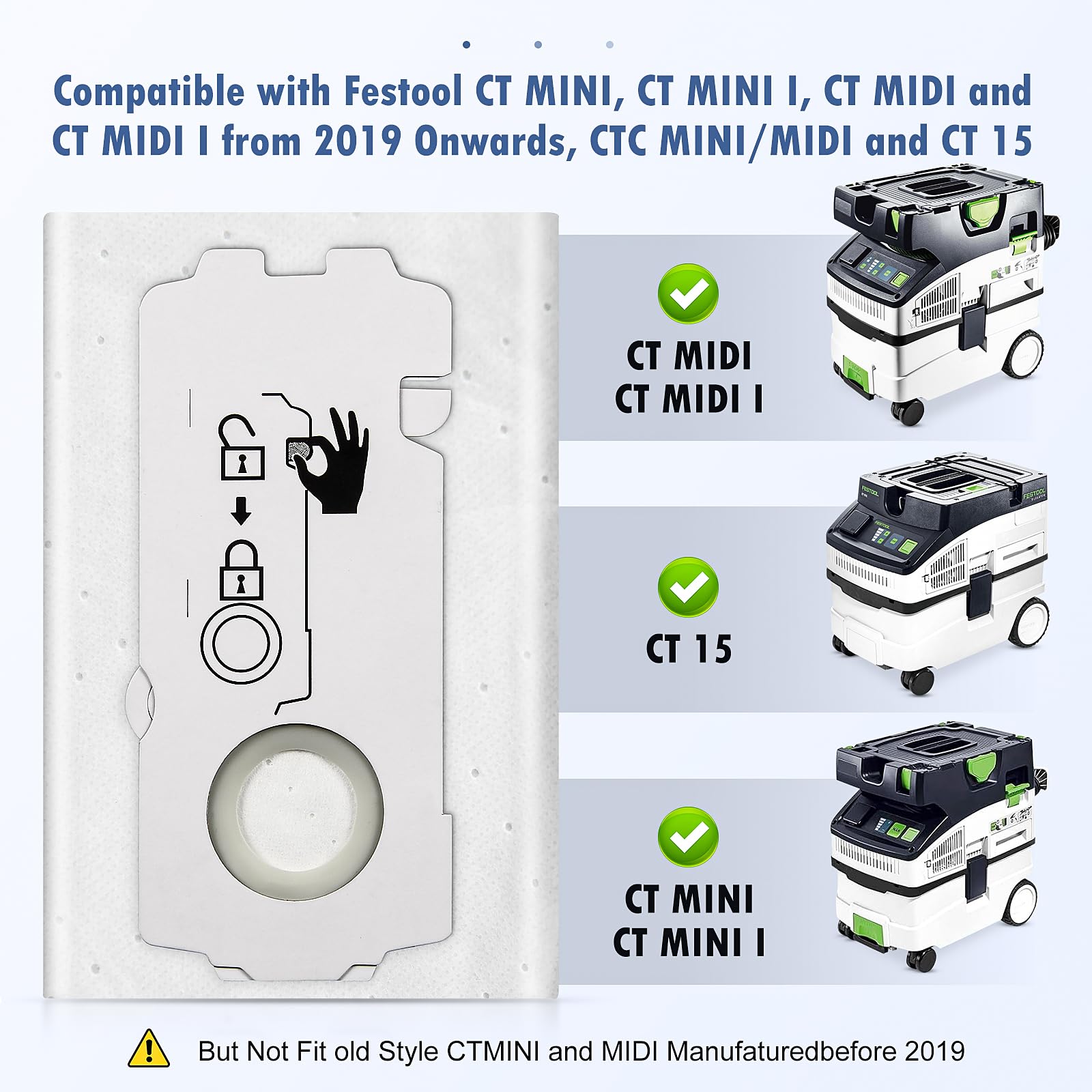 6 Pack 204308 CT Mini/Midi -2/5 Filter Bags Compatible with Festool CT MINI, CT MINI I, CT MIDI and CT MIDI I from 2019 Onwards, CTC MINI/MIDI and CT 15