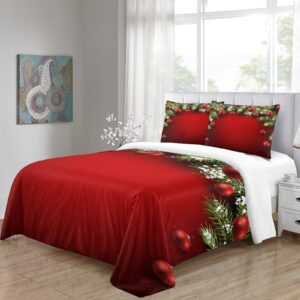 Christmas Bed Duvet Set 3 Pieces, Decorated with Snowflakes and Flowers Red Christmas Screen and Vivid Heart Pattern, Red Christmas Decoration Theme 3 Pieces Set Queen（228x228cm）