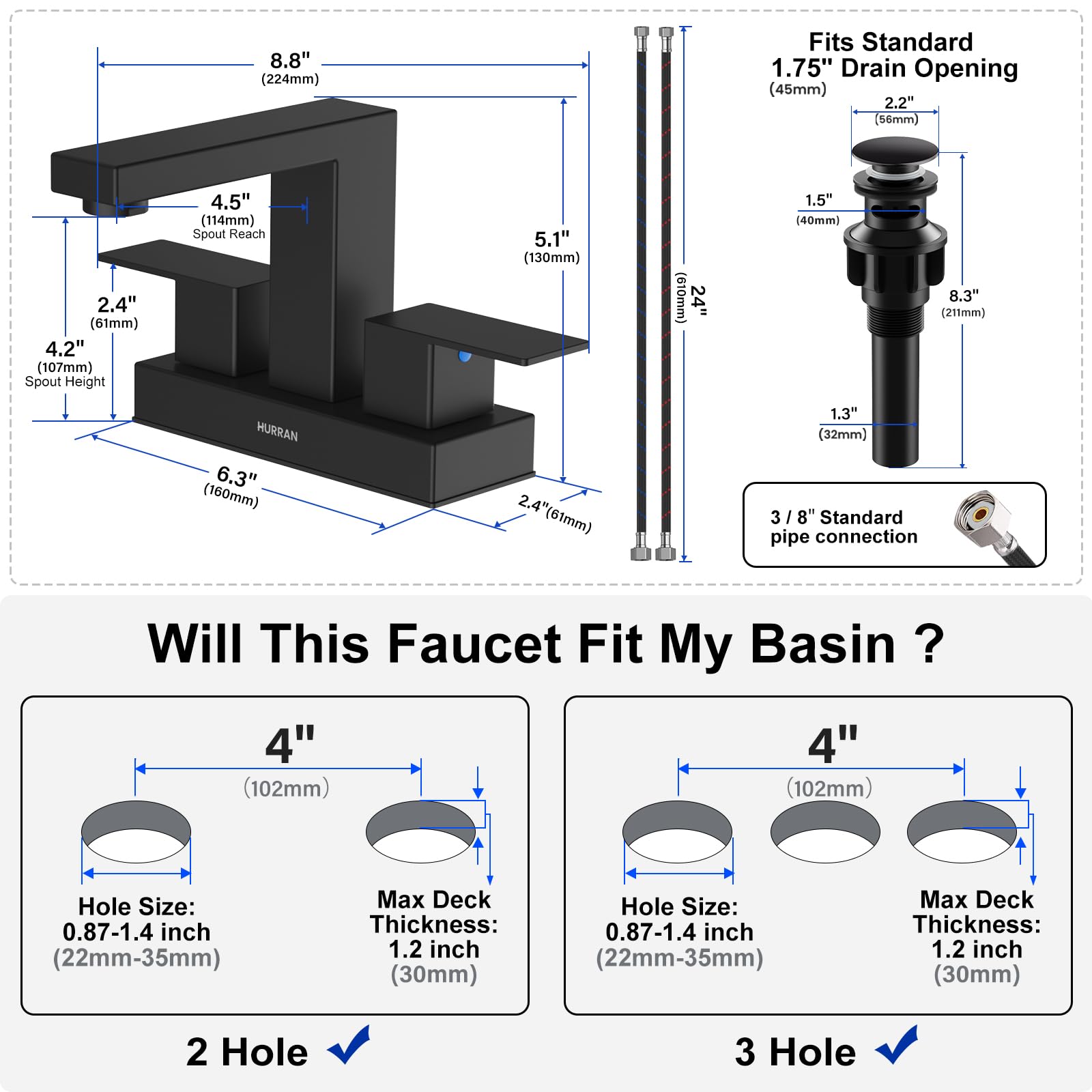 Matte Black Bathroom Sink Faucet, Hurran 4 inch Bathroom Faucets for Sink 3 Hole with Pop-up Drain and Supply Lines, Stainless Steel 2-Handle Faucet for Bathroom Sink Vanity RV Restroom