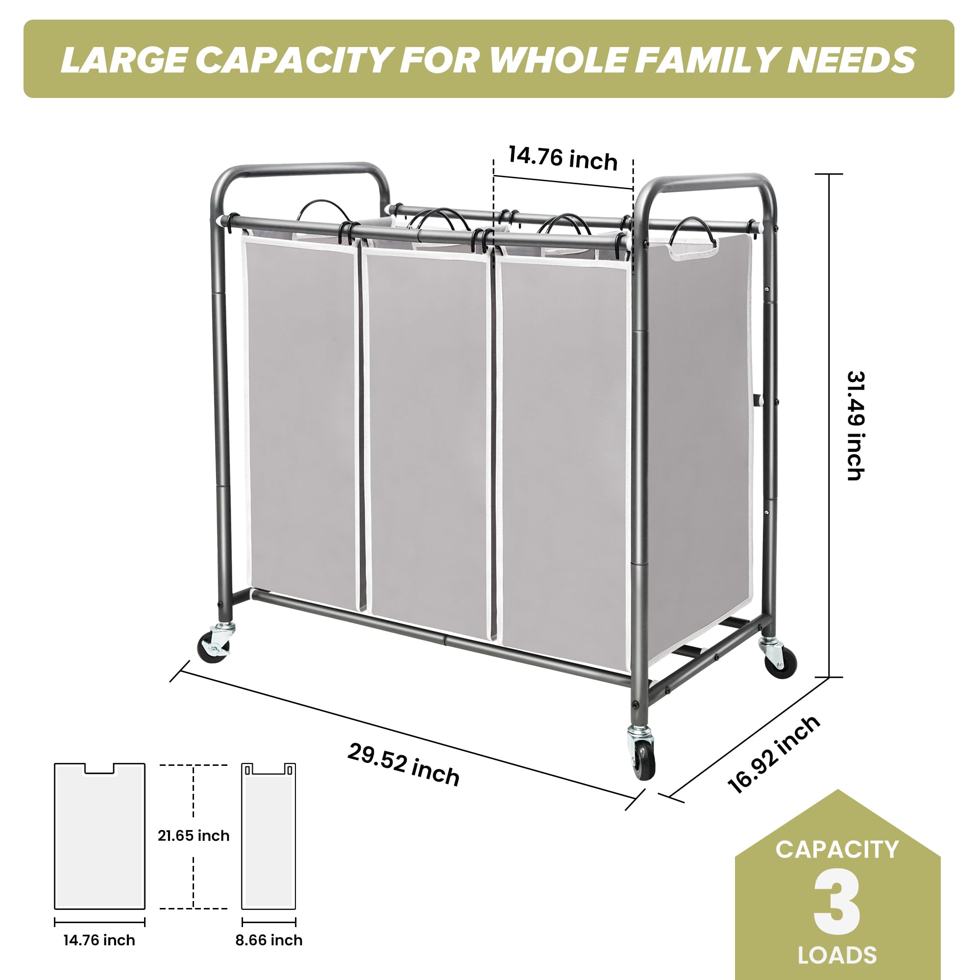 STORAGEIDEAS Laundry Sorter Hamper with Wheels, Heavy-Duty Laundry Sorter Rolling Cart, Lockable Wheels and Removable Bags, 3 Sections, Grey