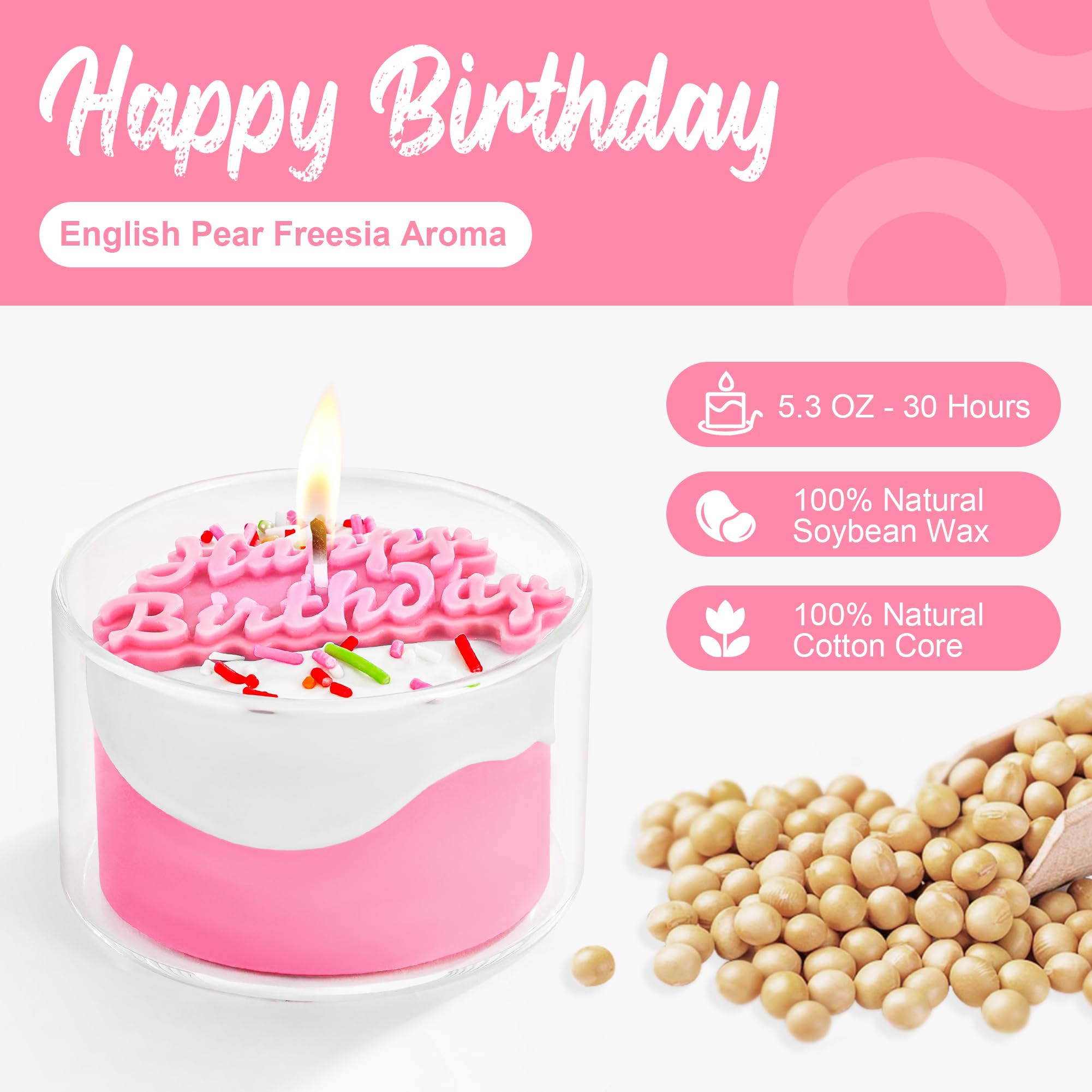 Glehaven Birthday Candles Happy Birthday Gift for Women.Pure Soy Scented Birthday Candle.Unique Candles for Women Birthday Candles for Cake Gift- Pink