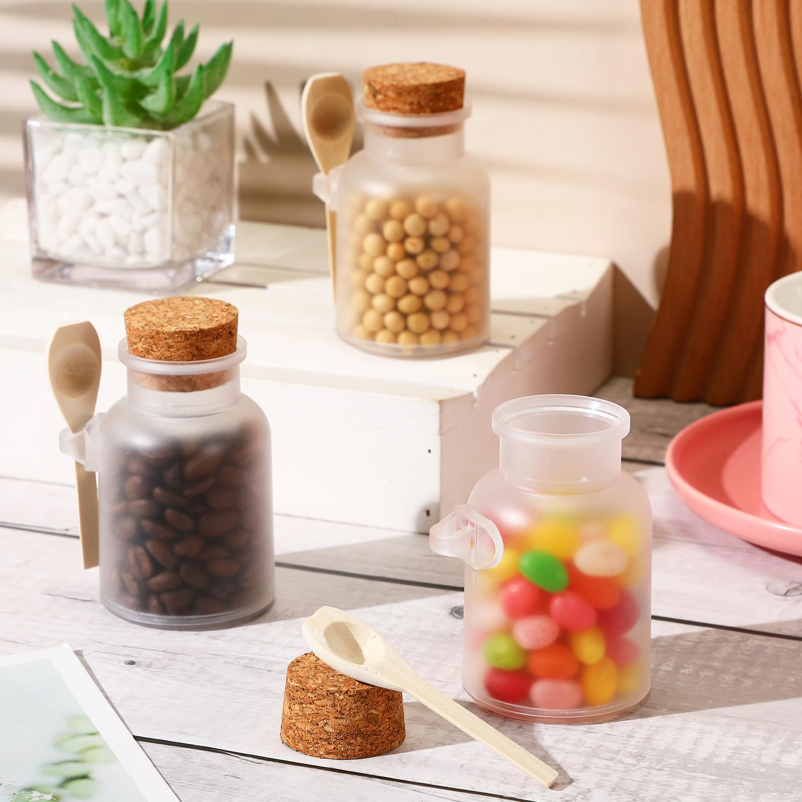 FoldTier 24 Pcs Small Jars with Spoons and Cork Lid Plastic Jar Bulk Bath Salt Jars 3.4 oz Mini Clear Food Storage Containers Kitchen Canisters Wedding Birthday Favor for Candy Spices Honey Tea Coffee