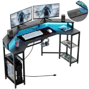 Lomie Computer Desk with Power Outlet & Led Light, 63" Large Wing-Shaped Gaming Desk with Full Monitor Stand, Wireless Charging, RGB Mouse Pad,Headphone Hook,Studio Desk with Storage Shelf for Live