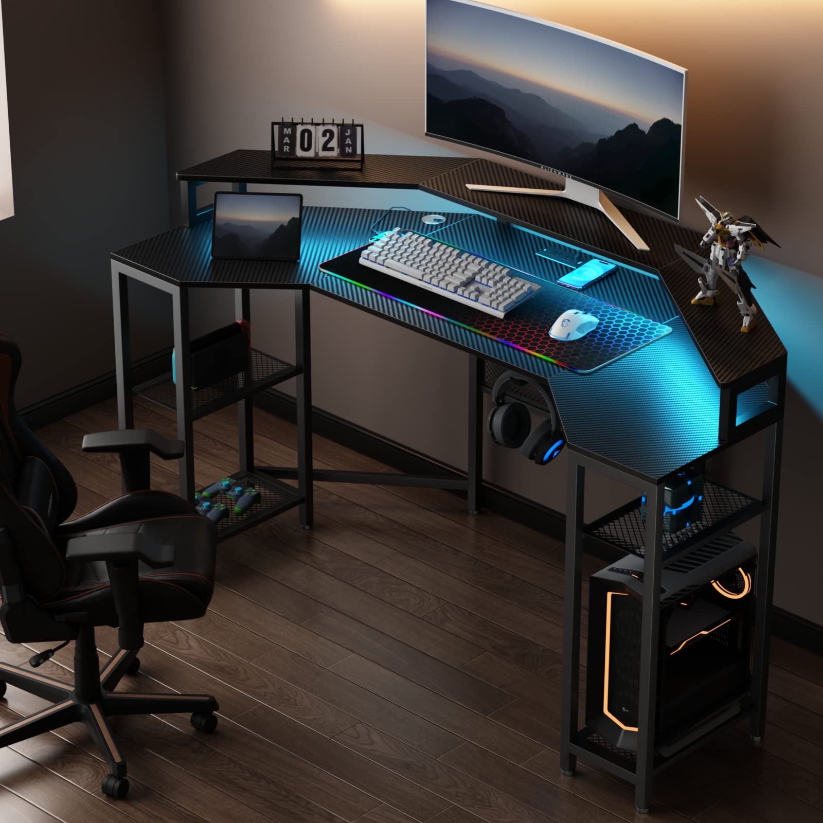 Lomie Computer Desk with Power Outlet & Led Light, 63" Large Wing-Shaped Gaming Desk with Full Monitor Stand, Wireless Charging, RGB Mouse Pad,Headphone Hook,Studio Desk with Storage Shelf for Live