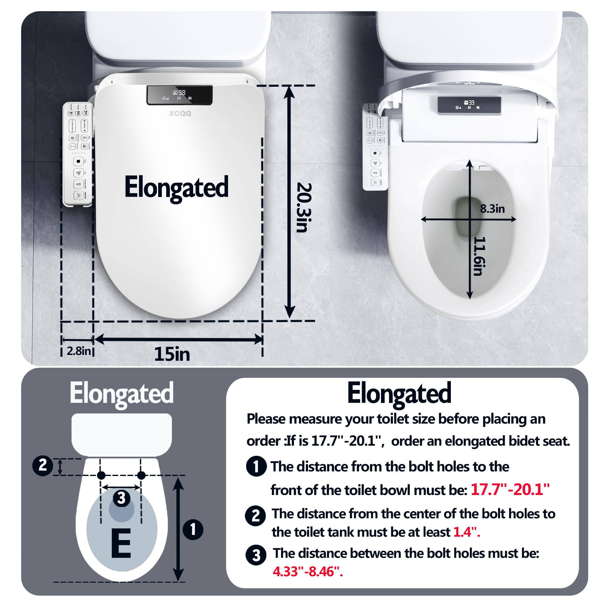 XCQQ Smart Bidet Toilet Seat Elongated Oversized, Heated Bidet with Warm Water and Dryer, Night Light, Rear and Feminine Washing, Slow Closed Toilet Seat, LED Screen, Removable Panel to Remote