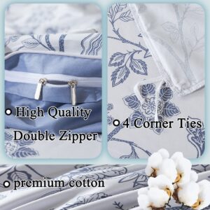 FADFAY 7 Piece 100% Cotton Light Blue Floral Bedding Set Queen Size Bed Sheet Set +Duvet Cover, Soft Toile Flower Complete Bedding(1 Duvet Cover, 1 Fitted Sheet, 1 Flat Sheet + 4 Pillowcase)