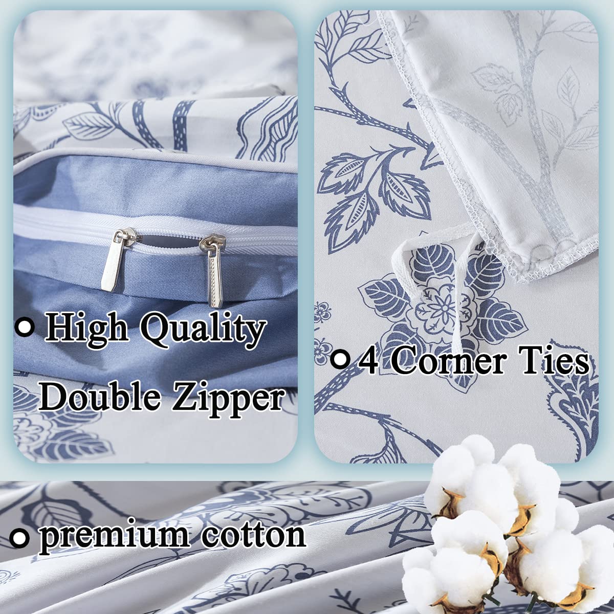 FADFAY 7 Piece 100% Cotton Light Blue Floral Bedding Set Queen Size Bed Sheet Set +Duvet Cover, Soft Toile Flower Complete Bedding(1 Duvet Cover, 1 Fitted Sheet, 1 Flat Sheet + 4 Pillowcase)