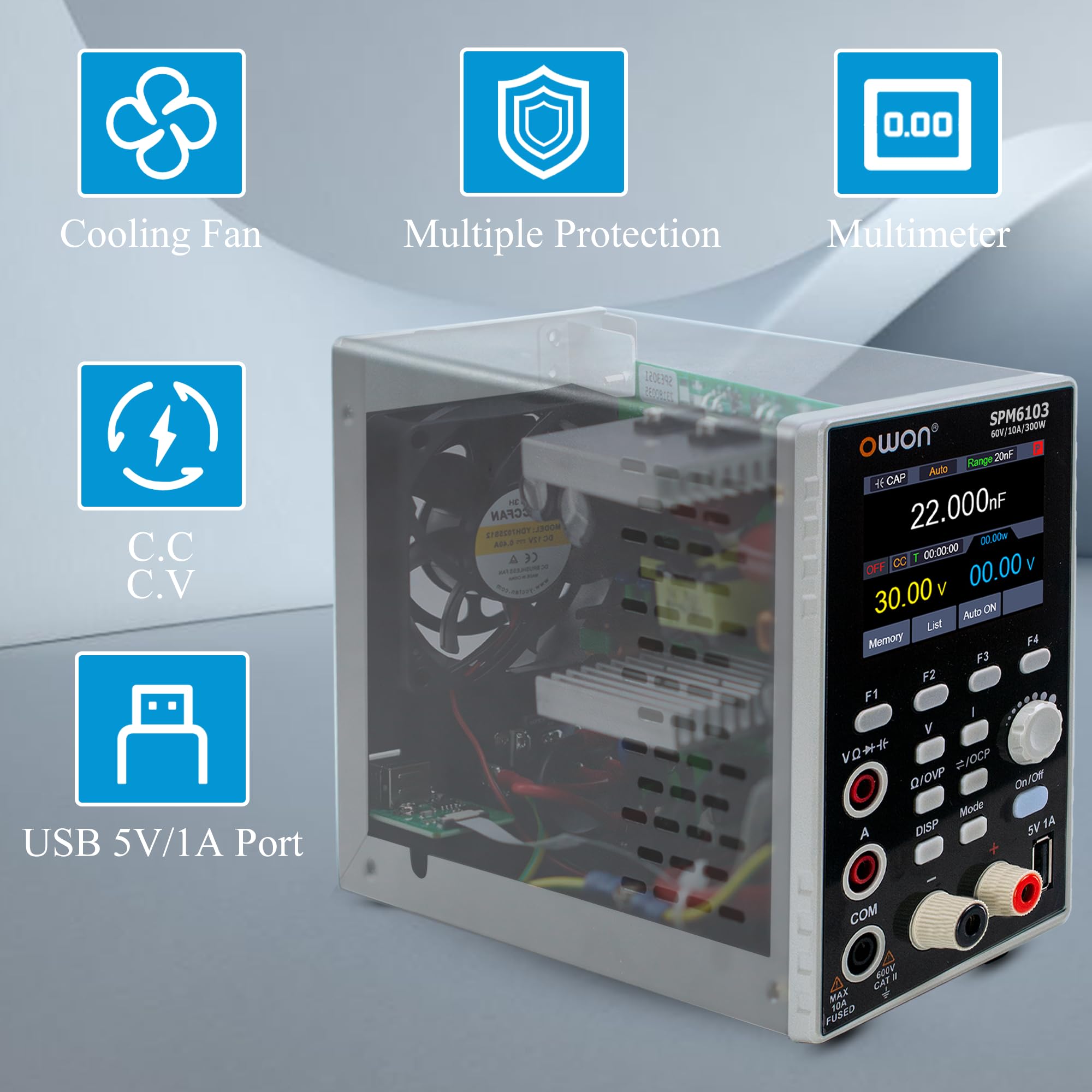 OWON SPM6103 DC Power Supply with Multimeter 2 in 1 Function 4 1/2 Digits Multimeter 10mV/1mA Resolution Power Supply with 2.8 inch LCD(60V/10A/300W)