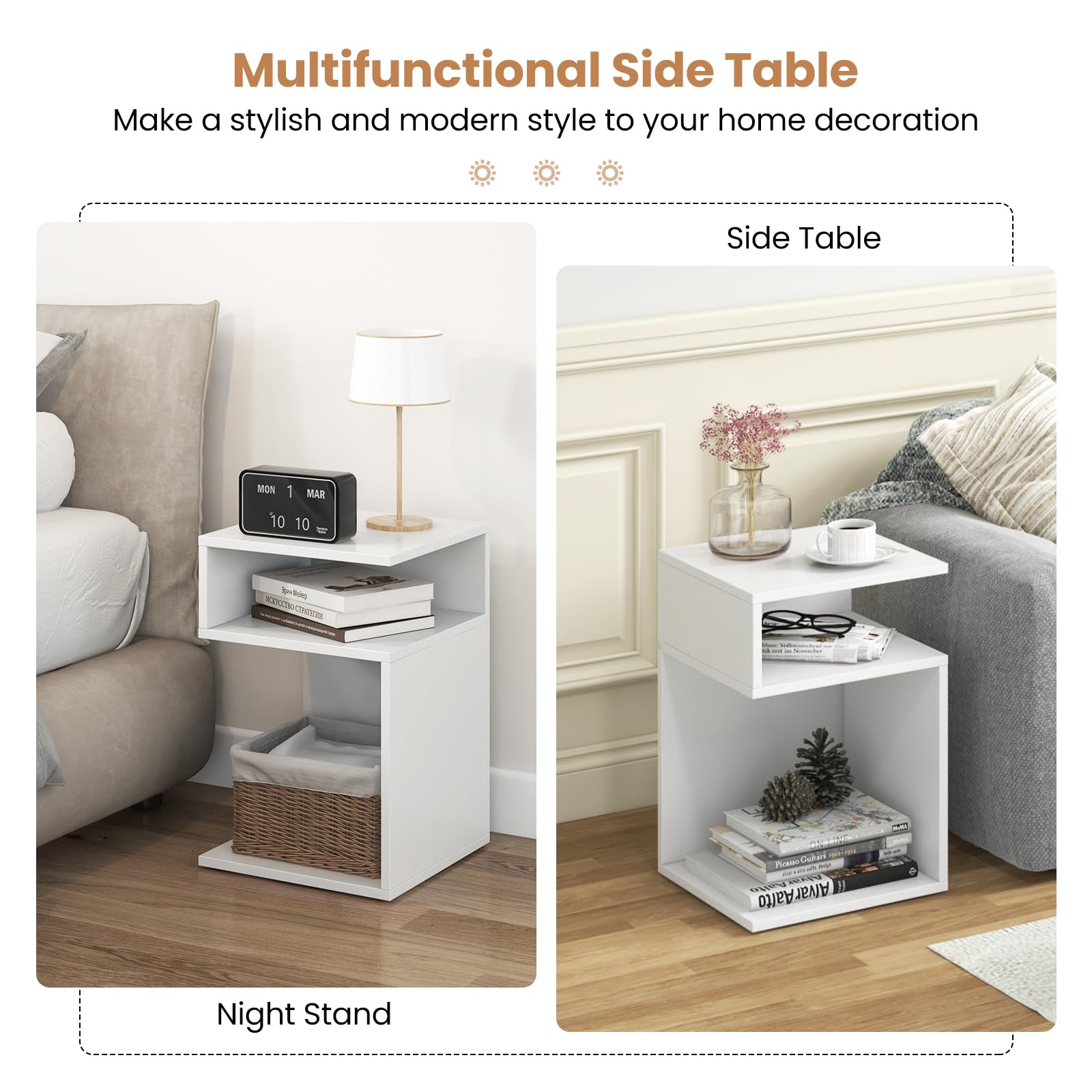 Giantex 3-Tier Side Table Set of 2, S-Shaped End Table with 2 Open Storage Compartments, Wood Narrow Bedside Table, Modern Nightstand for Bedroom, Living Room, Small Spaces, Easy Assembly, White