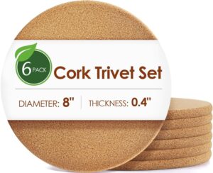 6 pack cork trivets for hot dishes, 8" high-density thick cork trivets for hot pots and pans, heat resistant cork hot pads for kitchen, multifunctional corkboard for cork plant coasters and diy crafts