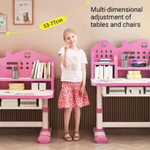 Worparsen Kids Study Table,Girls Pink Desk and Chair Set,Height-Adjustable Student Study Desk Widened Desktop Cartoon Pattern Desk Chair Set with Drawer Chair Set (Fast Delivery from USA) (Pink)