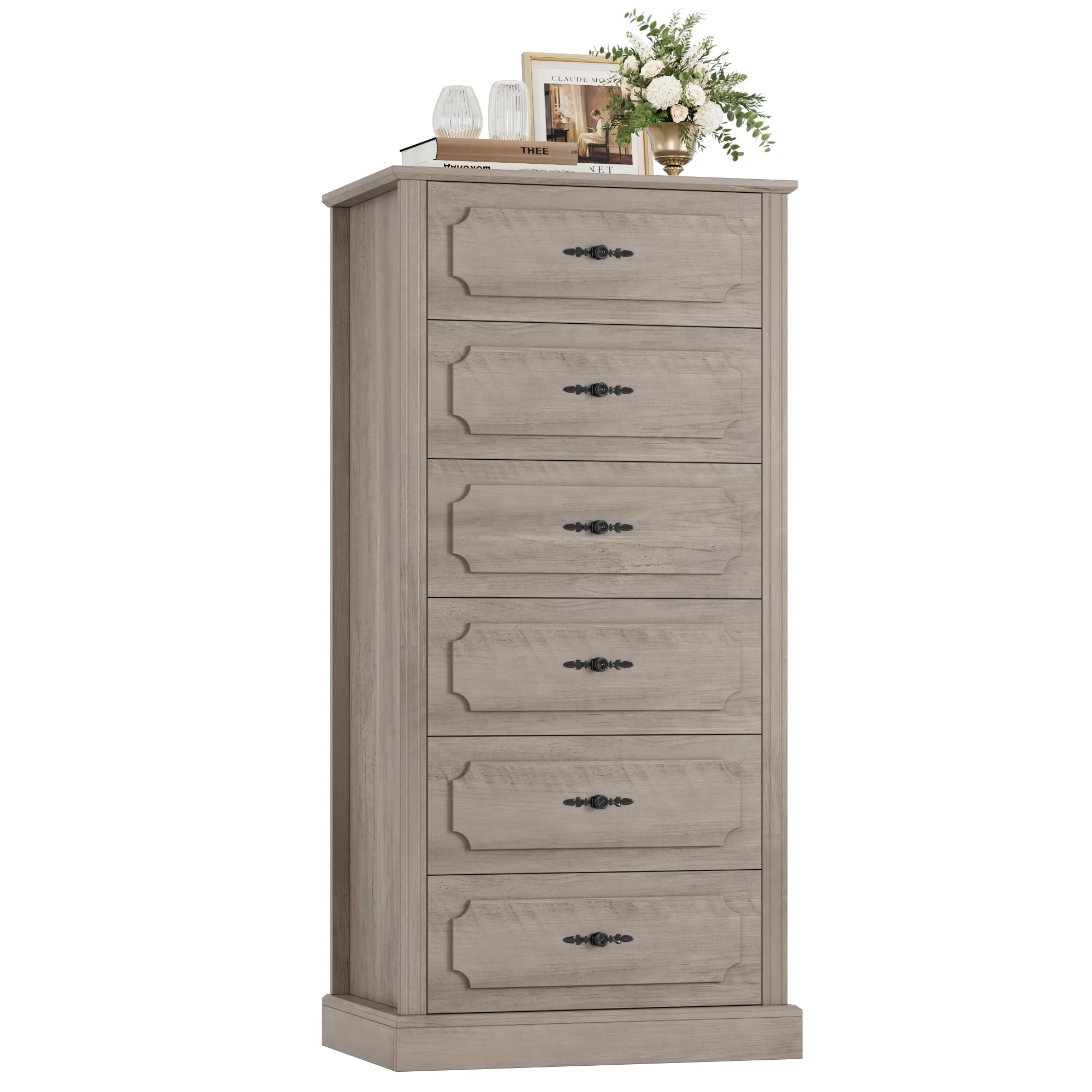 FINETONES 6 Drawer Grey Dresser, 51" Tall Dresser Wood Dresser Chest of Drawers with Large Storage Space, 6 Drawer Dresser Tall Floor Storage Cabinet for Home Office, Ash Grey