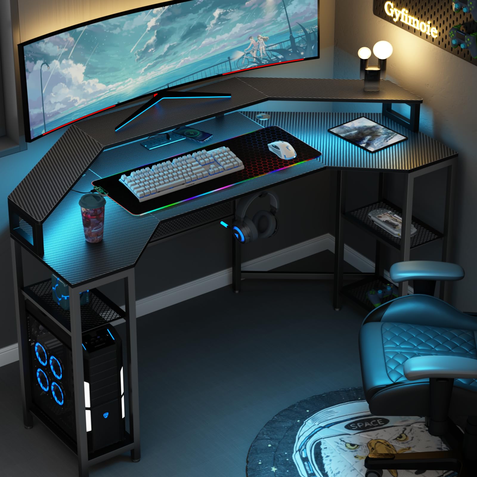 Lomie Computer Desk with Power Outlet & Led Light, 63" Large Wing-Shaped Gaming Desk with Full Monitor Stand, Wireless Charging, RGB Mouse Pad,Headphone Hook,Studio Desk with Storage Shelf for Live