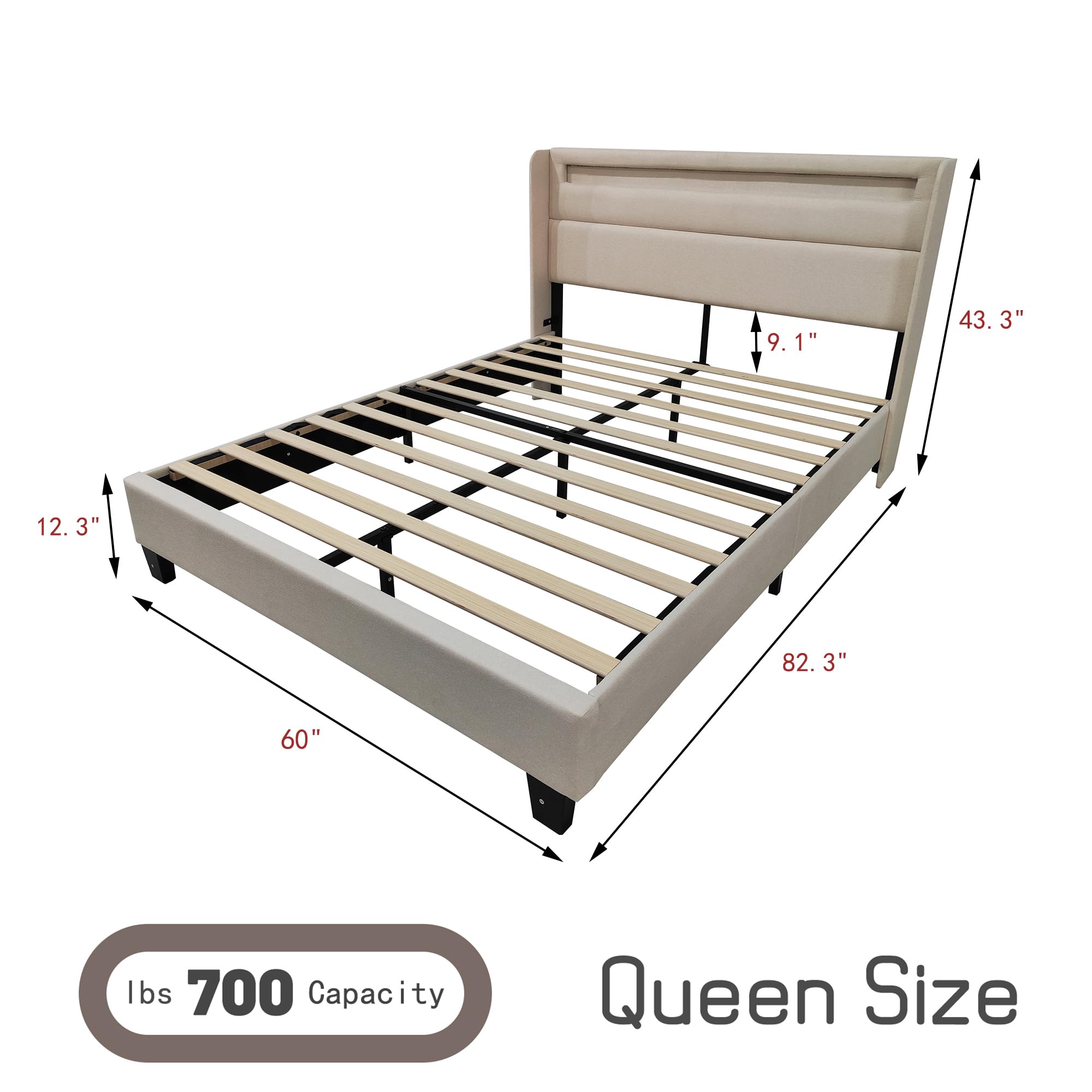 alazyhome Upholstered Queen Bed Frame with Headboard LED Lights Platform Bed Wooden Slats Support Non-Slip and Noise-Free Easy Assembly Linen Beige