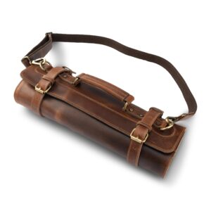 Angus Stoke Premium Leather Knife roll Storage Bag XXL - 14 Pockets, Buffalo Leather with Shoulder Strap, Chef's Knife Bag case Rene (Walnut-Brown)