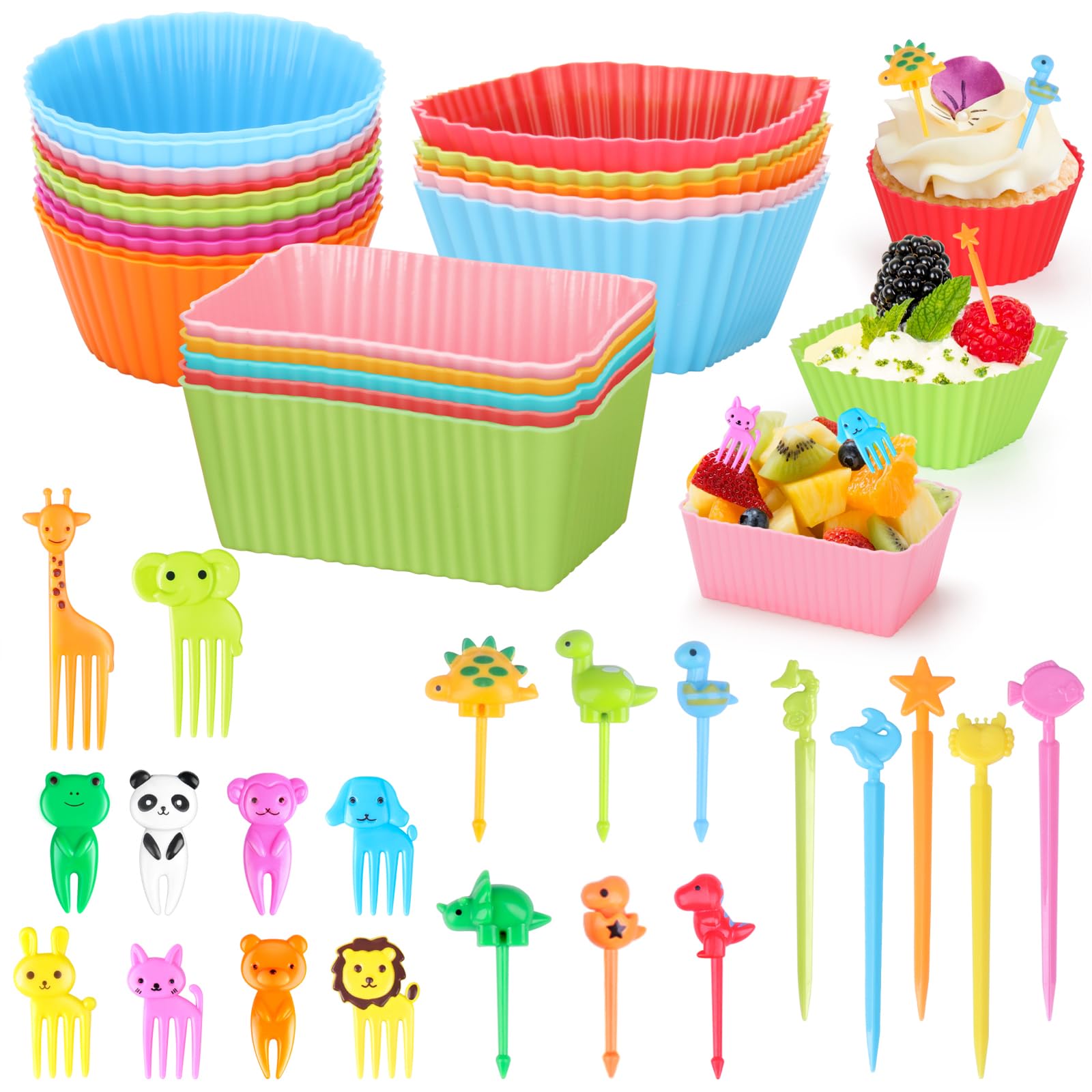 SEANSDA 70 Pcs Silicone Lunch Box Dividers Set, Thicked Silicone Cupcake Liners for Baking, Reusable Lunch Bento Box Accessories with Animal Food Picks for Kids (20 Cupcake Cup + 50 Picks)