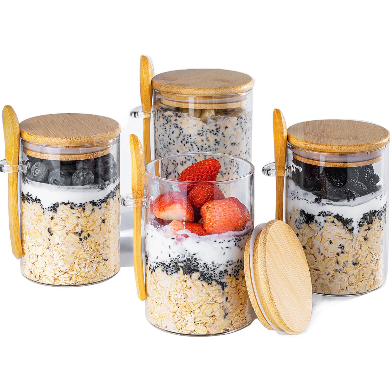 MHDCLY Overnight Oats Containers with Lids,16oz Overnight Oats Jars 4 Pack, Oatmeal Cups,Meal Prep Containers,Glass Meal Prep Containers with Lids,China Pudding Jars