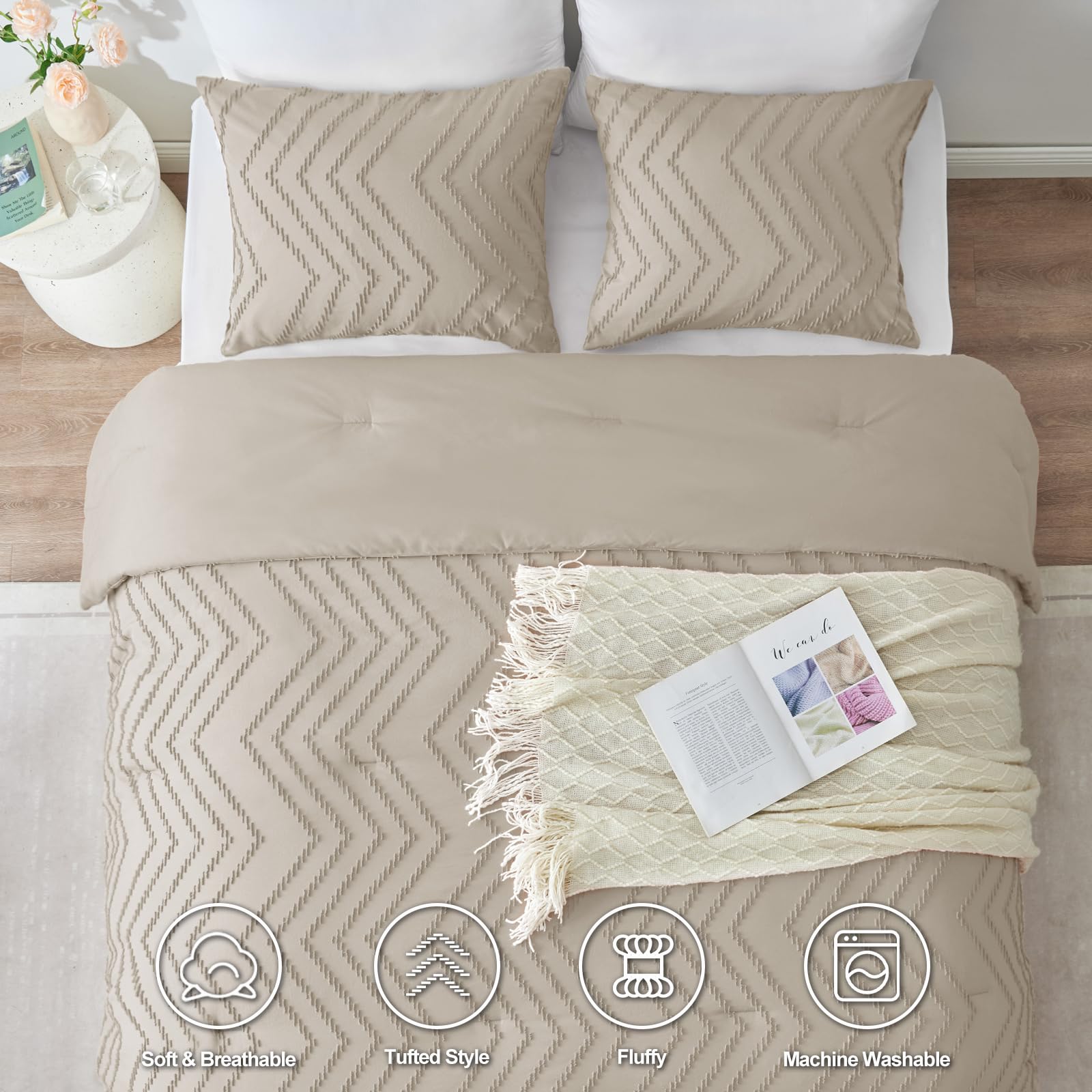 CozyLux Twin/Twin XL Size Comforter Set Beige - 1 Pieces Boho Tufted Shabby Chic Bedding Comforter Set for All Seasons, Chevron Bedding Sets with Comforter & 1 Pillow Shams