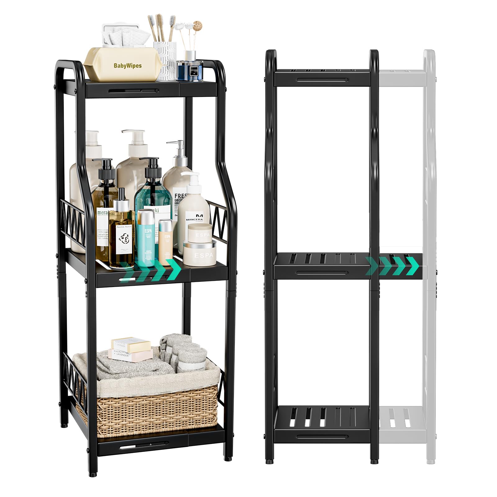 HapiRm Bathroom Shelf Unit Organizer - 3 Tier Expandable Narrow Shelf, Metal Free-Standing Shelves, Open Floor Rack Slim Storage Cabinet, Ideal for Bathroom, Laundry, Kitchen Organization (Black)