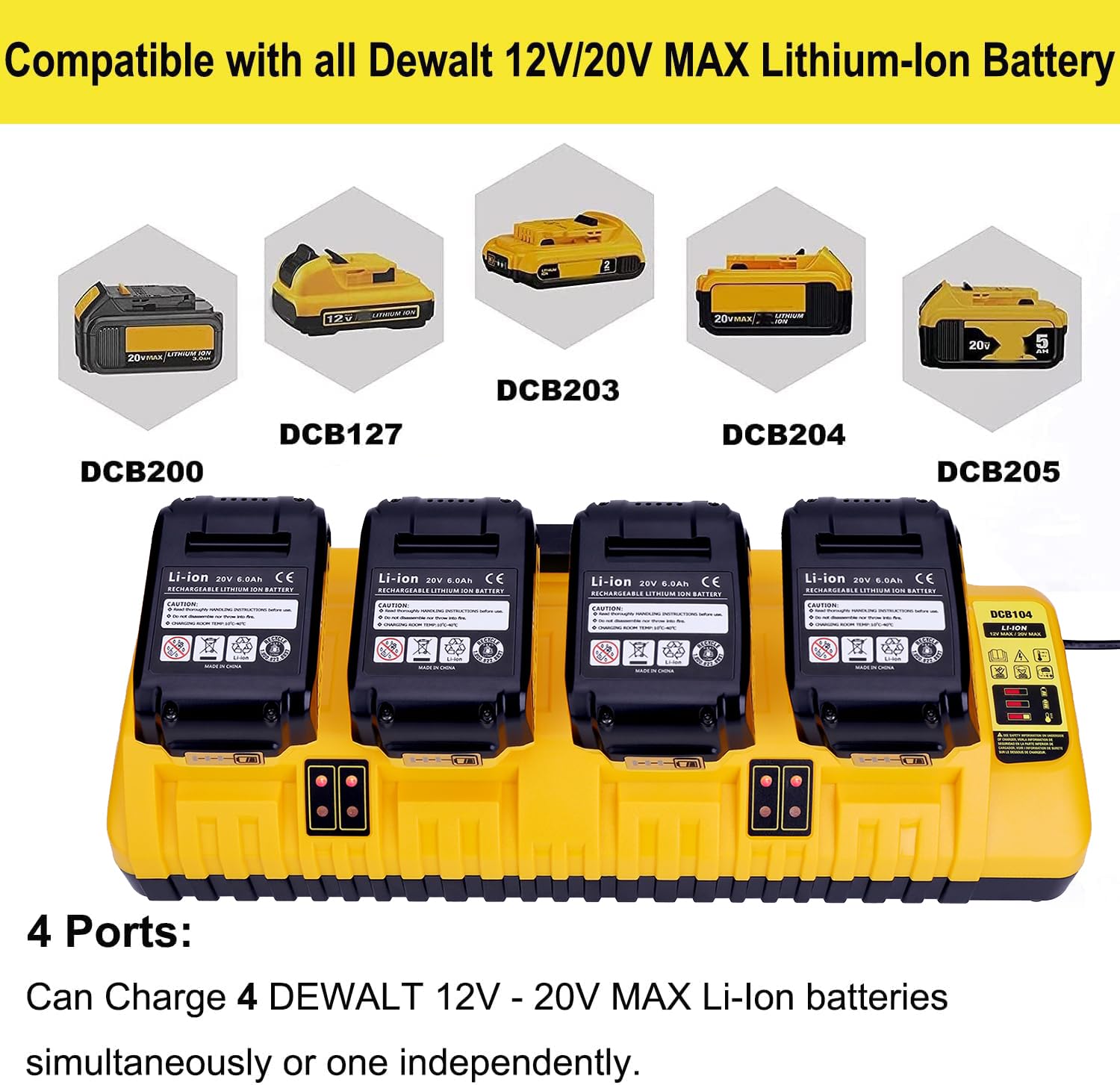 Replacement for 12v 20v Max Battery Charger Station DCB104, Compatible with DCB124 DCB126 DCB200 DCB203 DCB204 DCB206 DCB230