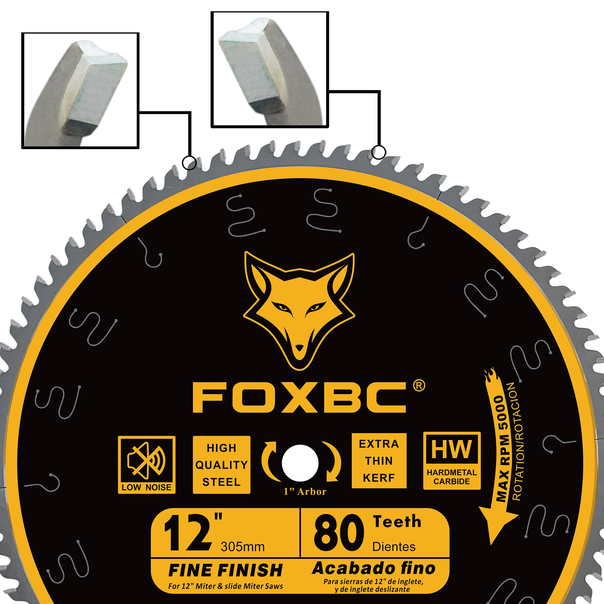 FOXBC 12 Inch Miter Saw Blade 80 Tooth Fine Finish Wood Crosscutting Saw Blade with 1 Inch Arbor